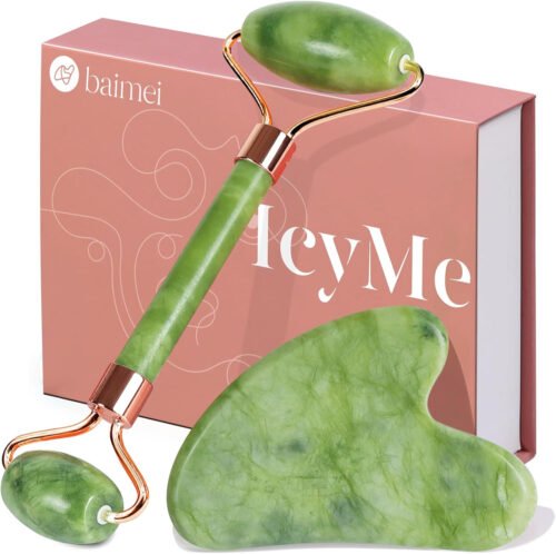 BAIMEI Gua Sha & Jade Roller Facial Tools Face Roller and Gua Sha Set for Puffiness and Redness Reducing Skin Care Routine, Self Care Gift for Men Women - Xiuyan Jade