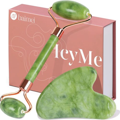 BAIMEI Gua Sha & Jade Roller Facial Tools Face Roller and Gua Sha Set for Puffiness and Redness Reducing Skin Care Routine, Self Care Gift for Men Women - Xiuyan Jade