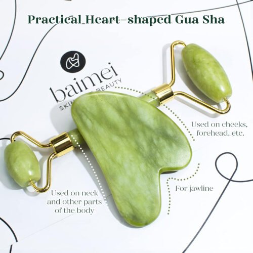 BAIMEI Gua Sha & Jade Roller Facial Tools Face Roller and Gua Sha Set for Puffiness and Redness Reducing Skin Care Routine, Self Care Gift for Men Women - Xiuyan Jade - Image 2