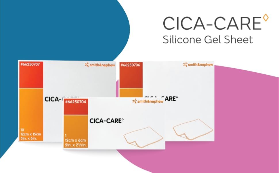 Three box sizes of silicone gel sheets for scars. Text reads, "CICA-CARE silicone gel sheet.