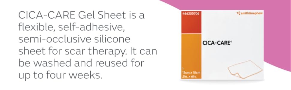A box of one 5" x 6" gel sheet. Text reads, "Self-adhesive silicone sheet for scar therapy."